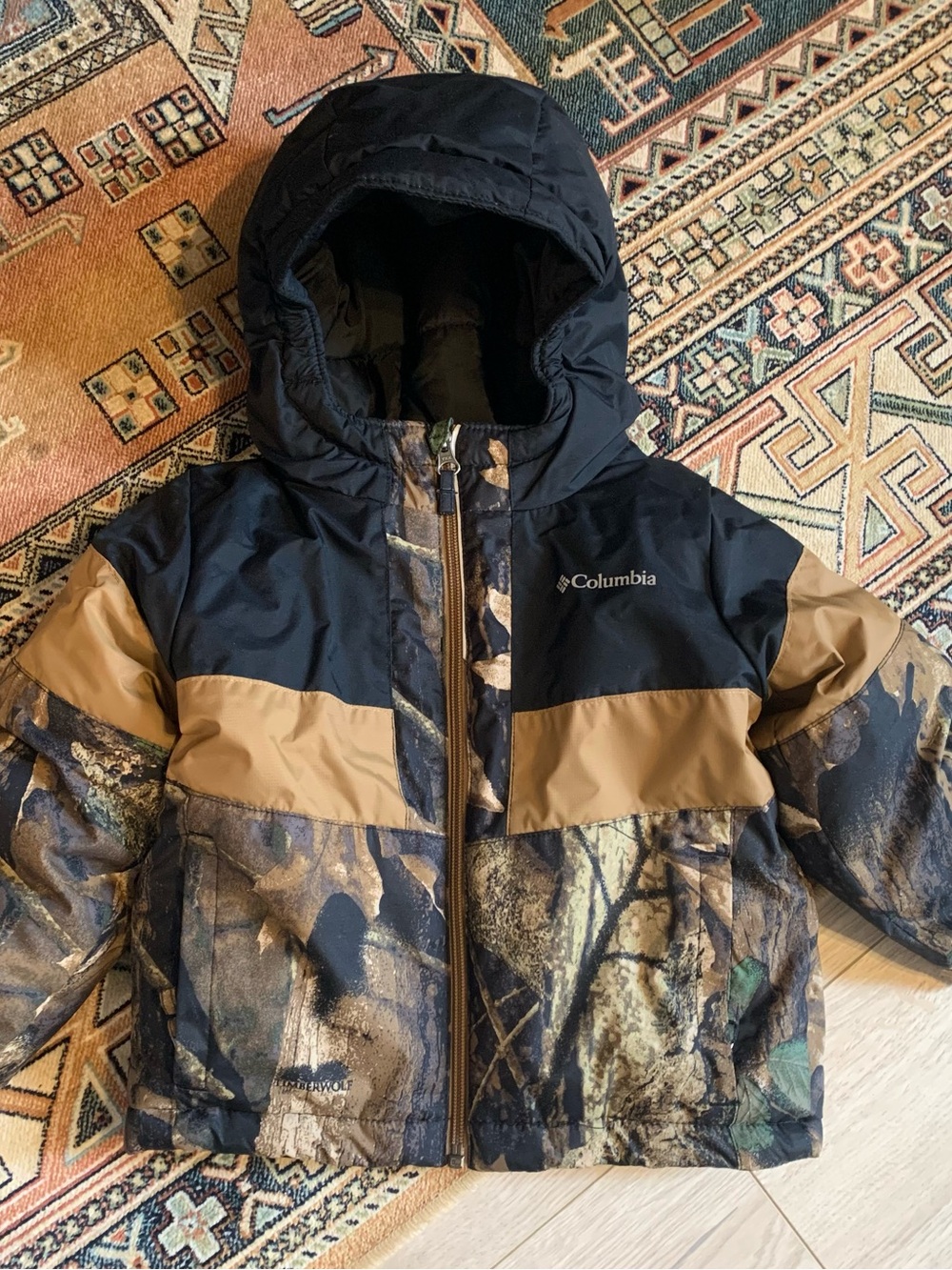 Columbia Kids Hooded Puffer Jacket in Black, Brown & Camo
